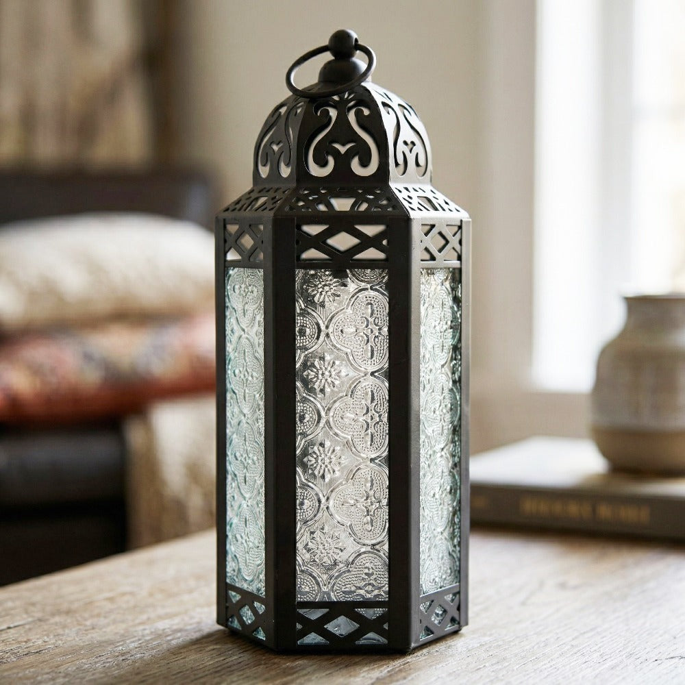 Moroccan Candle Lantern Holder - Decorative Metal & Glass Lantern with Embossed Floral Design for Indoor Home Decor
