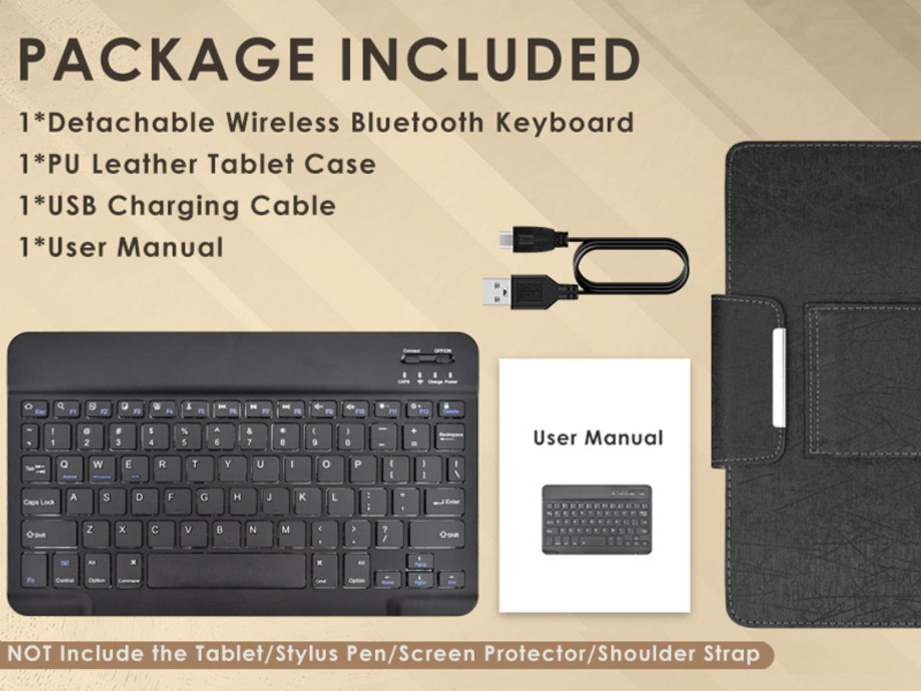 Universal Tablet Case with Wireless Keyboard 10.1 Inch, Removable Bluetooth Keyboard, PU Leather Folio Cover