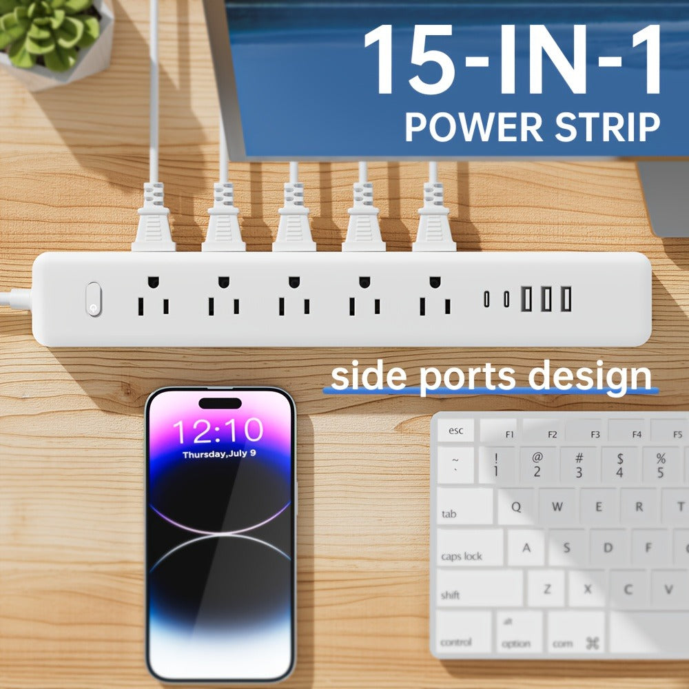 Wall Mount Power Strip 15-in-1 Slim Long Strip, 10 AC Outlets & 5 USB Ports (3 USB-A + 2 USB-C), Surge Protection Overload Protection