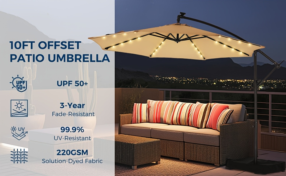 Patio Umbrella 10FT Solar LED Cantilever Style with 32 Lights, Eight-Rib Frame, Tilt and Four Colors