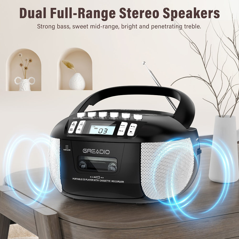 CD and Cassette Player Combo Boombox Portable AM FM Radio Tape Recording Stereo Sound for Bedside Audio, Alarms and Room Entertainment