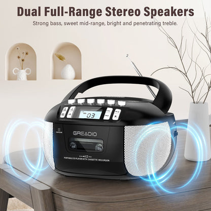 CD and Cassette Player Combo Boombox Portable AM FM Radio Tape Recording Stereo Sound for Bedside Audio, Alarms and Room Entertainment