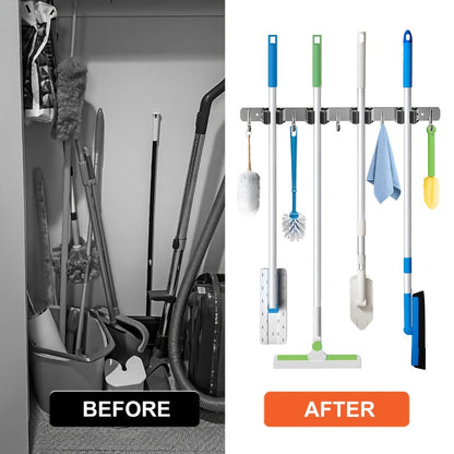 Wall Mounted Broom & Mop Holder – 304 Stainless Steel Broom Organizer with 4 Racks & 5 Hooks – Rustproof Non-Slip Wall Broom Hanger