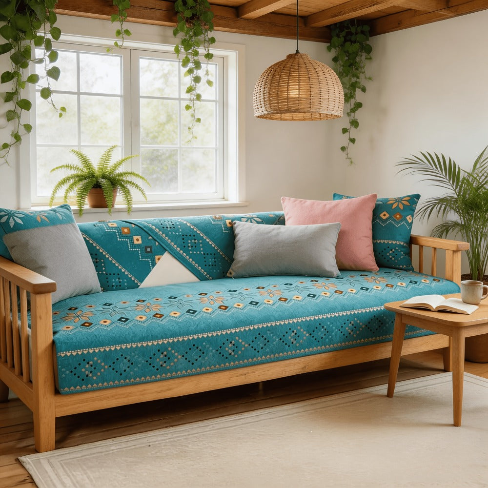 Sofa Cover, One-Piece Chenille Bohemian Pattern Couch Pad in White or Green for Two to Four Seats