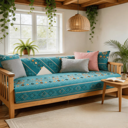 Sofa Cover, One-Piece Chenille Bohemian Pattern Couch Pad in White or Green for Two to Four Seats