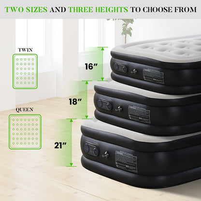 Inflatable Air Mattress with Built-In Pump 16"/18"/21" Thick – 660 LBS Capacity Double Height Blow-Up Airbed with Non-Slip Bottom