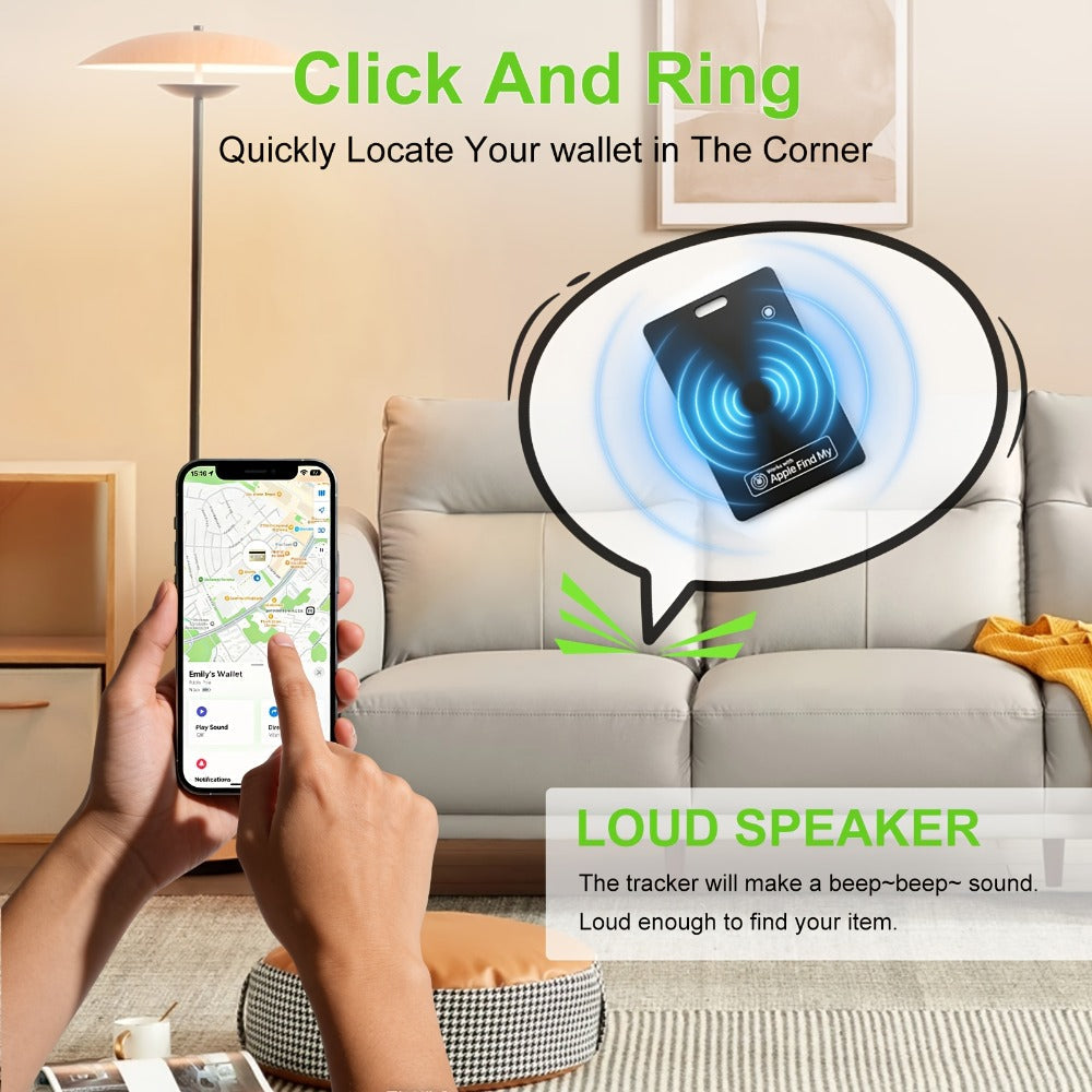 Ultra-Thin Rechargeable Apple Find My Wallet Tracker Card with Qi Wireless Charging and Built-In Ring Alert