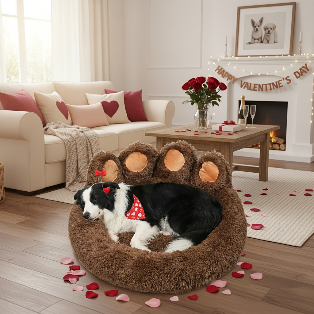 Dog Bed Cat Bed Bear Paw Shaped Donut – Calming Round Plush Pet Mattress, Warm & Soft Cuddler Bed for Dogs and Cats, Includes Pet Scarf