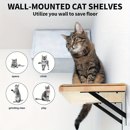 Sisal Mat Wall-Mounted Cat Climbing Frame with Hammock Wooden Perch Observation Platform Scratch Pad Indoor Cat Wall Furniture Resting Area