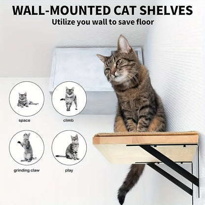 Wall-Mounted 40x30cm Cat Shelf with Beige Sisal Mat, 2cm Wood Platform and Two Metal Brackets