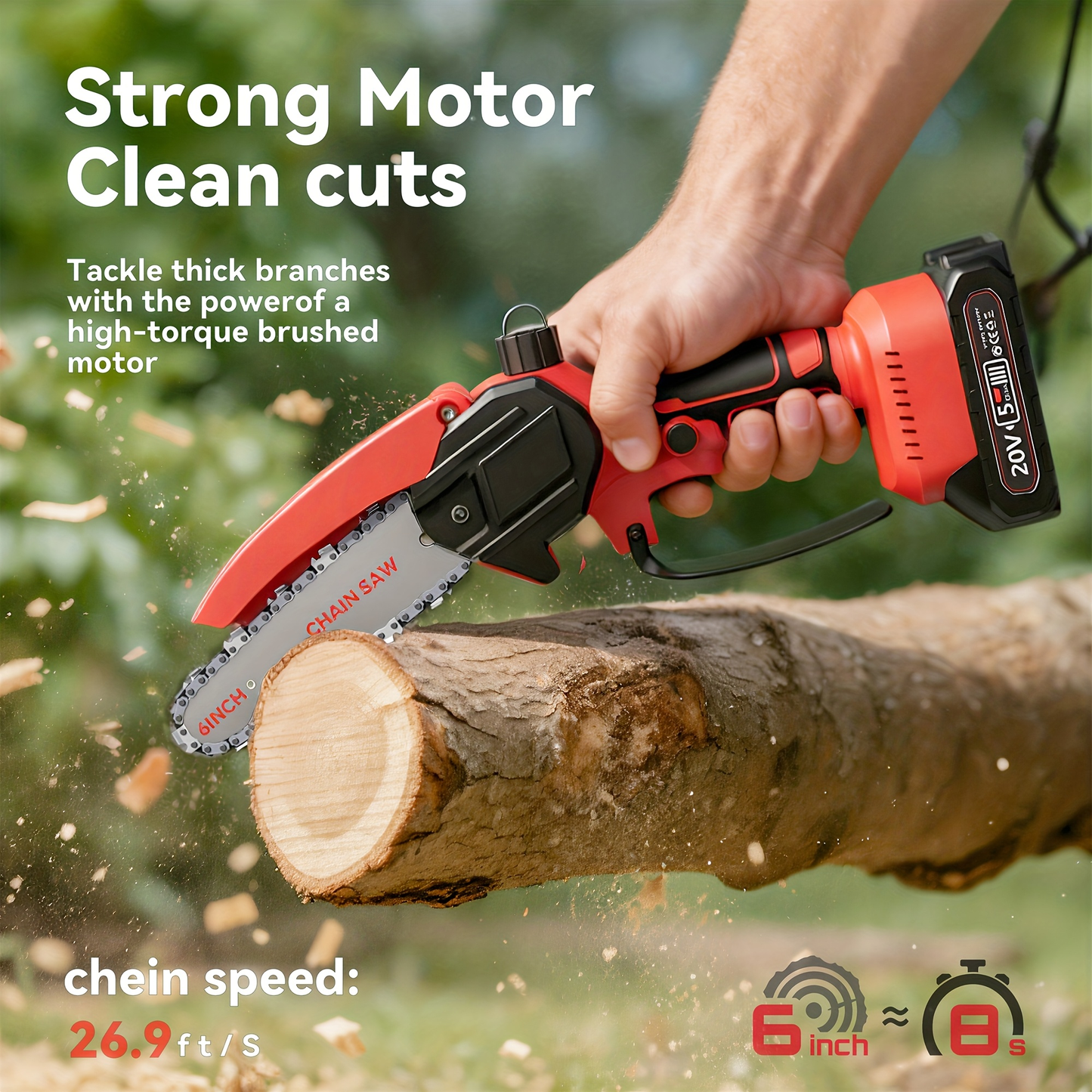 6-Inch Foldable Cordless Pole Saw with Two Chains, Red or Yellow Dual-Battery Packs and Black Option
