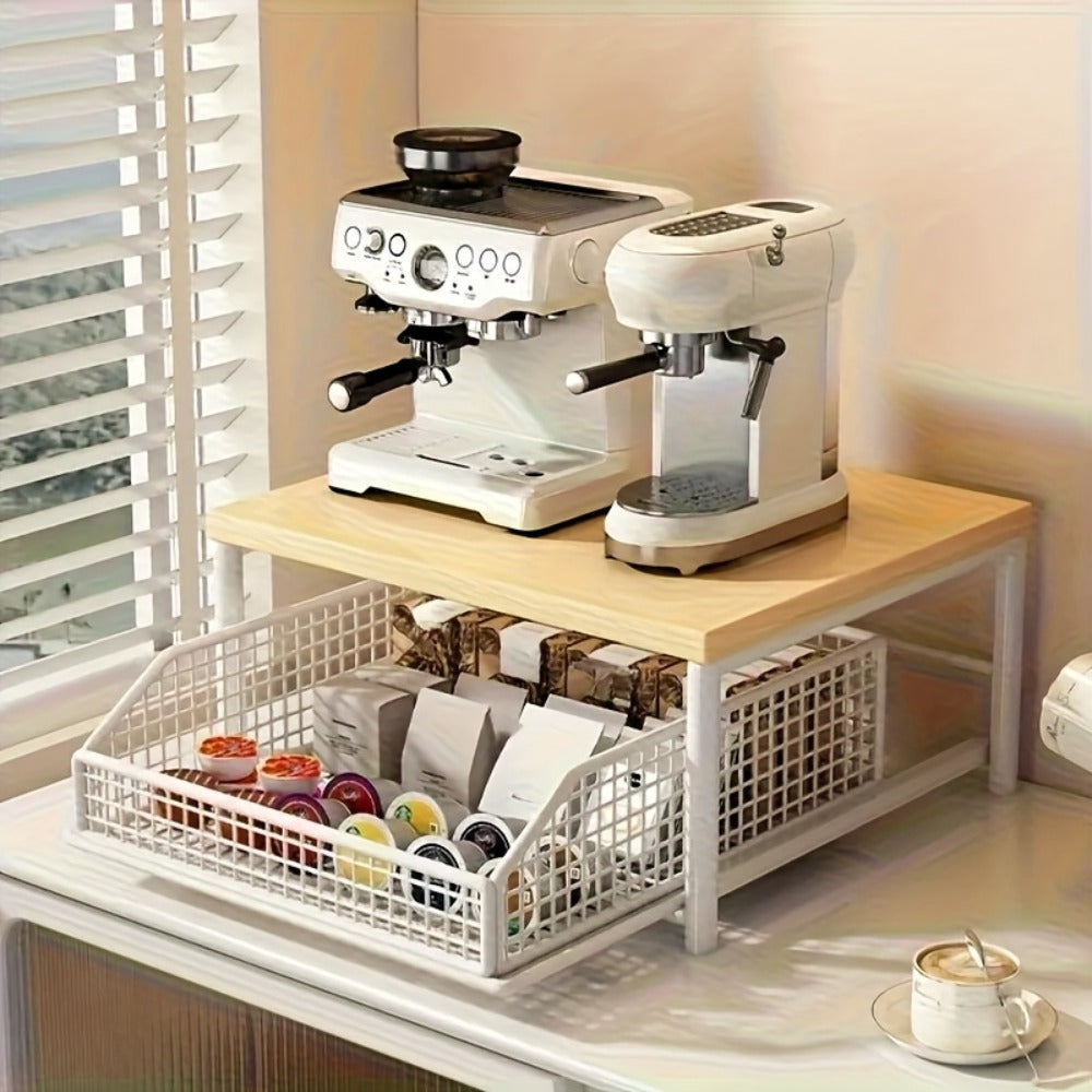 2-Tier Kitchen Countertop Organizer with Drawer & Wire Basket, Hardwood & Metal Storage Shelf for Coffee Maker