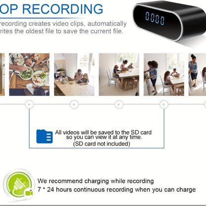 Security Camera 1080P Clock-Format Model with 64GB Card, Battery Power, Infrared Night Vision and Loop Recording