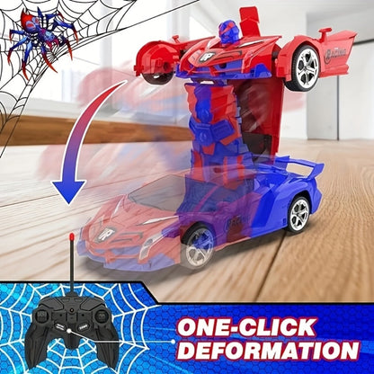 Spider Robot RC Car for Kids 1:18 with LED Lights, One-Button Transform Police Car Stunt Toy
