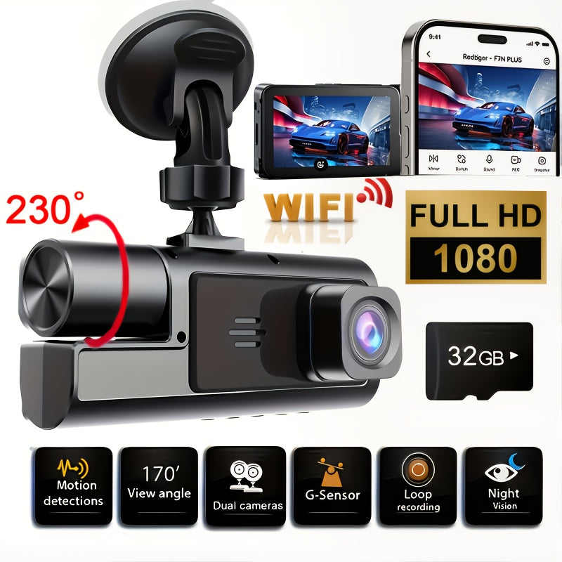 1080P-Labeled Dash Camera with Dual- or Triple-Lens Options, WiFi and 16GB, 32GB or No-Card Bundles