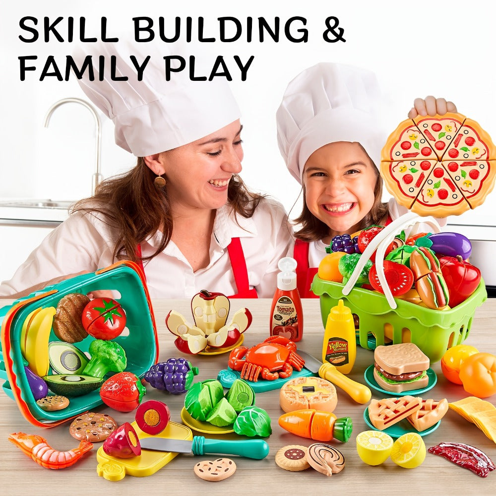 Pretend Play Food Set 85pcs, Cutting Toy Food with 2 Baskets, Pizza Veggies & Fruits, Play Kitchen Accessories for Toddlers