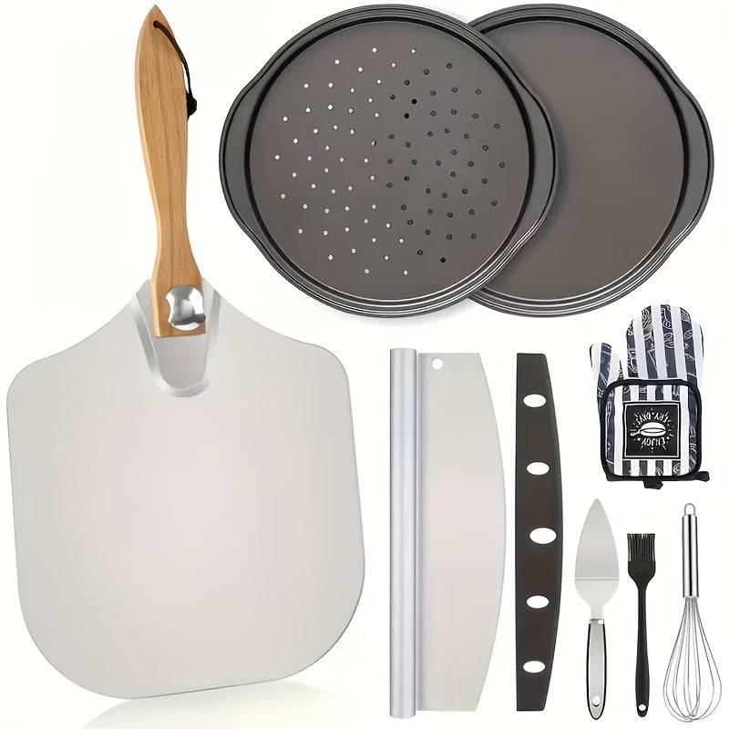 Pizza Making Set with Pizza Peel, Nonstick Pizza Pan, Perforated Pan, Pizza Cutter, Oven Mitts, Pie Server & Basting Brush