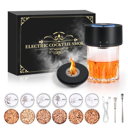 Rechargeable Electric Cocktail Smoker Kit with Six Wood-Chip Tins, Glass-Top Smoker Cap and Accessories