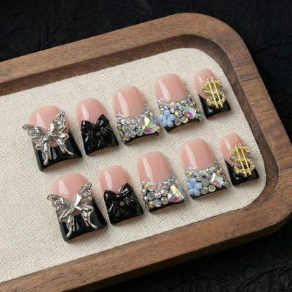 Press On Nails 10-Piece Medium Duckbill Set with Black Nude Color Block, Butterfly, Glitter and AB Rhinestones