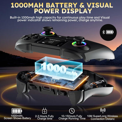 Touchscreen Wireless Gaming Controller in Black with Four Back Buttons and Optional Detachable Phone Bracket