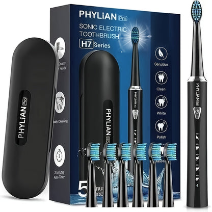 H7 Sonic Electric Toothbrush Kit in Pink, Black or Purple with Six Brush Heads and Travel Case