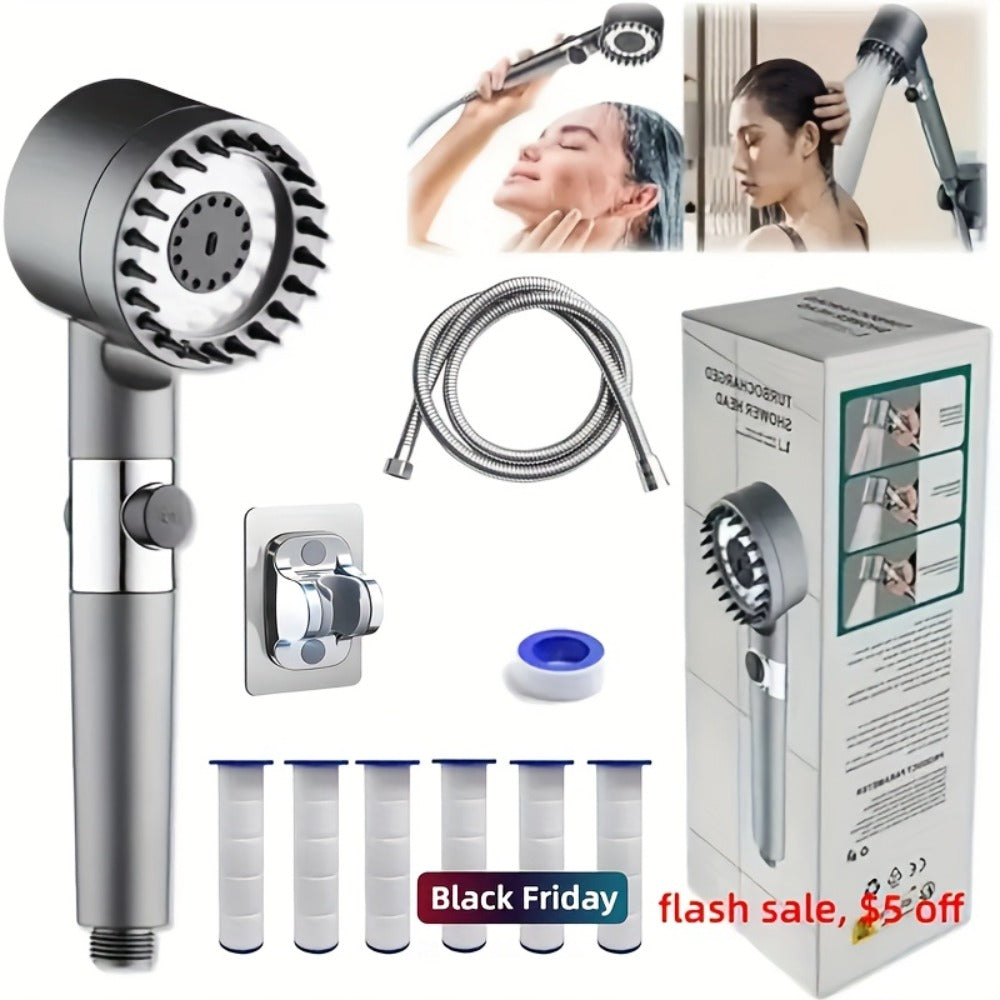 High Pressure Shower Head Set 4-Piece – Turbine Spray Wall Mounted, 3-Stage Adjustable Mode, 6 Water Filters & 68" Hose
