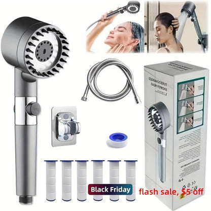 High Pressure Shower Head Set 4-Piece – Turbine Spray Wall Mounted, 3-Stage Adjustable Mode, 6 Water Filters & 68" Hose