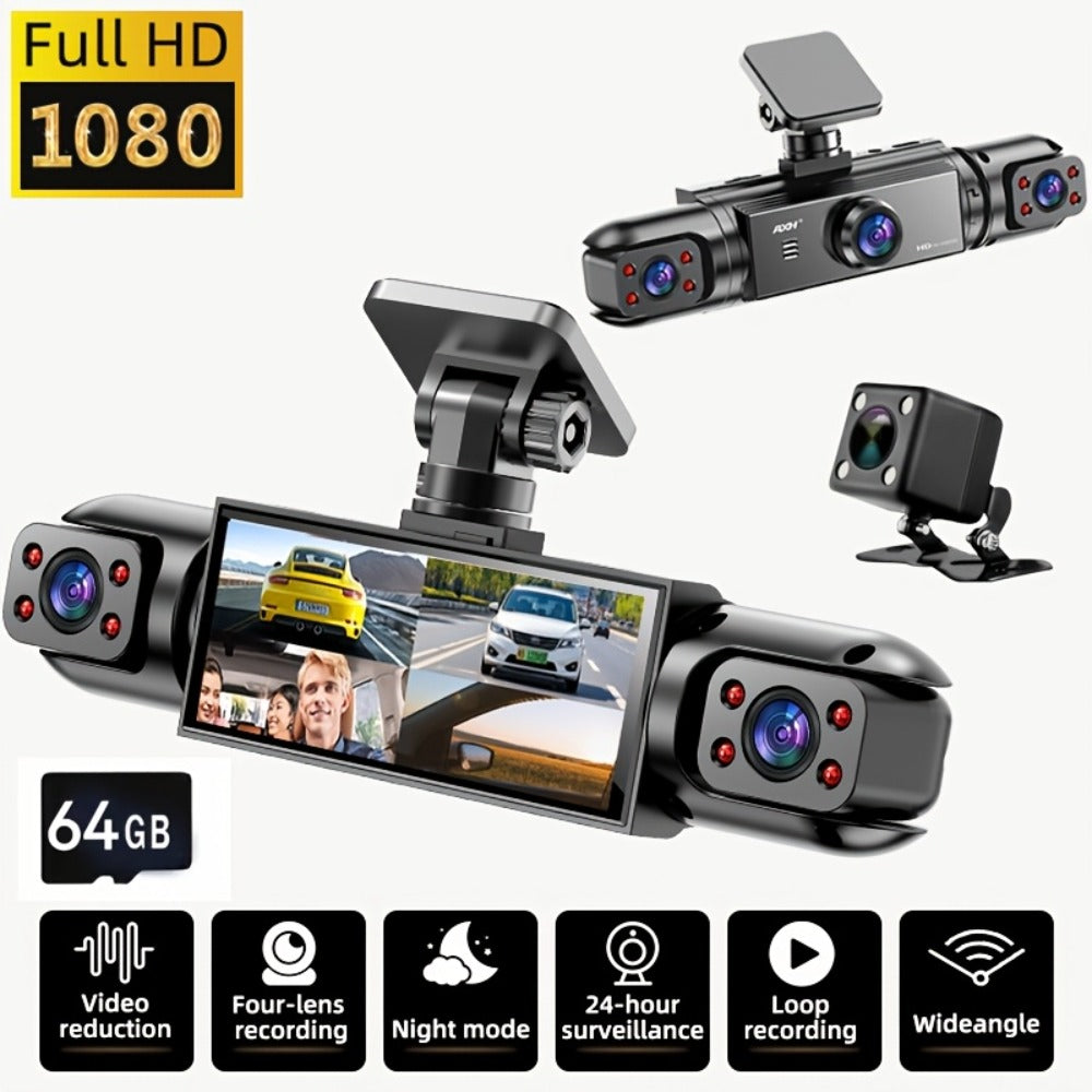 360° Panoramic Dash Cam 3 & 4 Lens 1080P HD Front + 720P Rear Left Right, Quad-Split Screen, HD Night Vision WDR G-Sensor Loop Recording