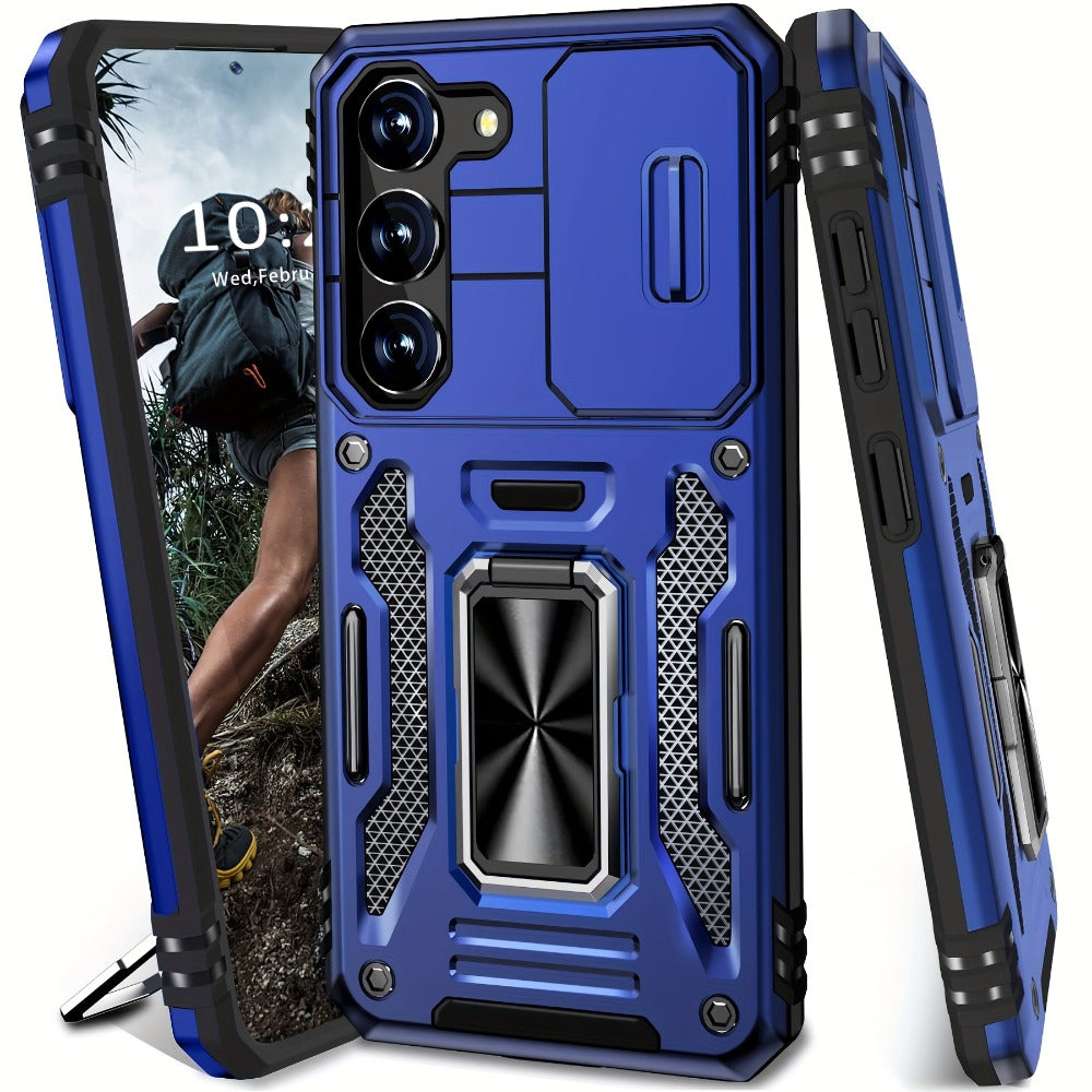 Samsung Galaxy Shockproof Magnetic Phone Case with 360° Rotating Ring Bracket & Sliding Lens Protector – Heavy Duty Cover for S24FE S23FE