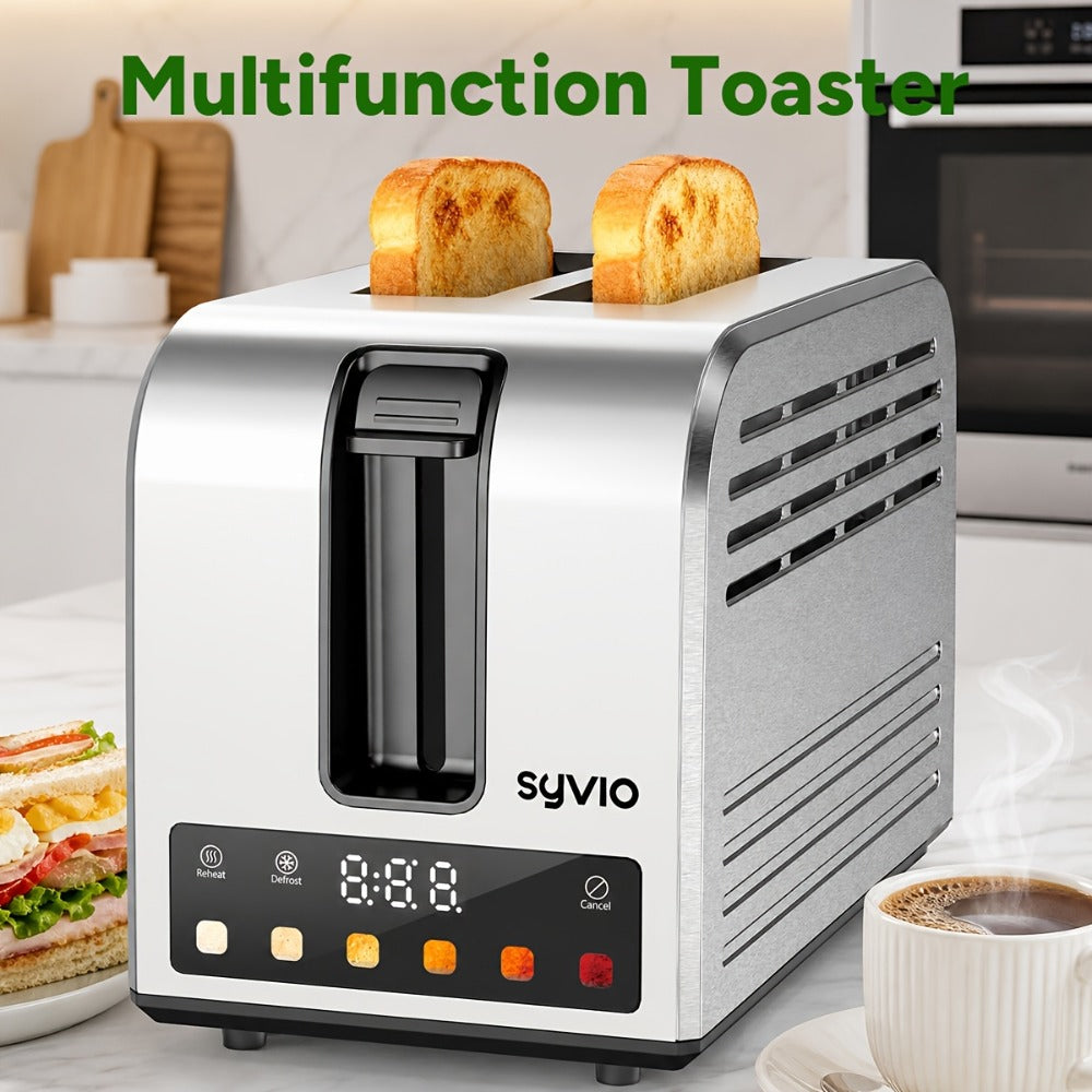 Toaster 2-Slice Stainless Steel Smart Touchscreen, 5 Bread Types, 6 Browning Levels, Wide Slots, Temperature Control