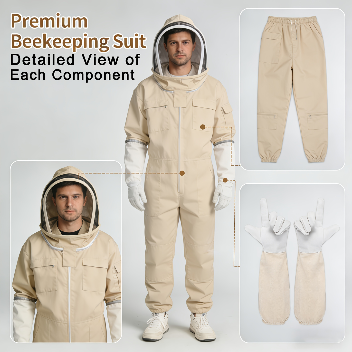 Full Body Bee Suit 3-Layer Breathable Veil Hood Gloves Filter Screen for Garden, Patio and Yard Use