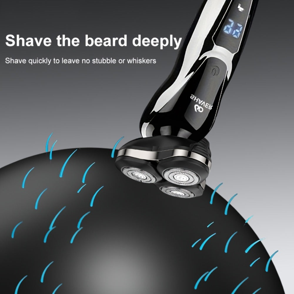 Black Three-Head Rotary Shaver with Digital Display in Standalone, Three-Piece or Four-Piece Sets