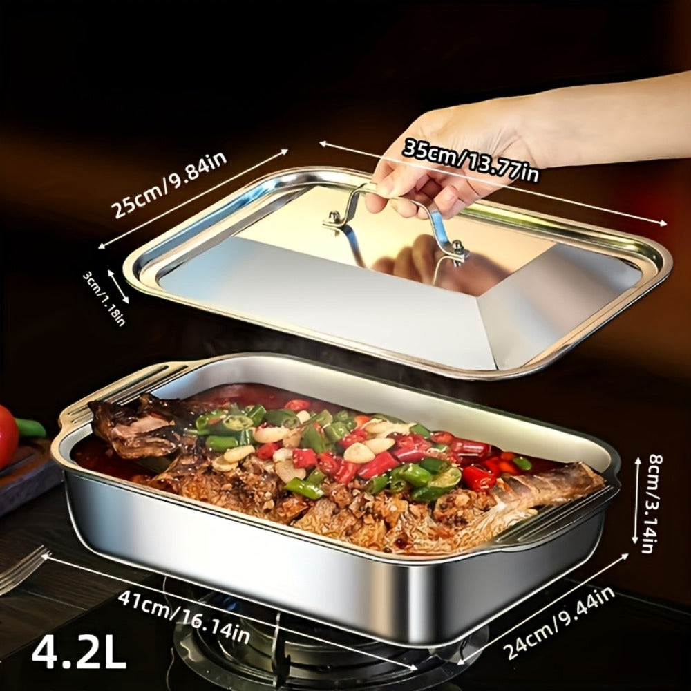 Stainless Steel Deep Baking Tray with Lid 4-Piece Set, 1.59 Gallon Rectangular Roasting Pan with Handle Lids