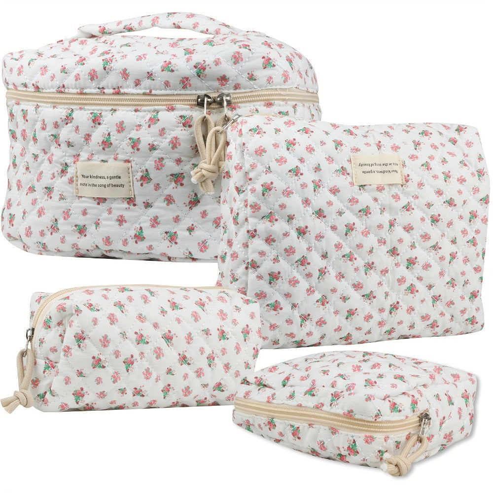 Makeup Bag Four-Piece Quilted Cotton Floral Pouch Set in Five Styles for Travel, Vanity and Everyday Beauty Storage