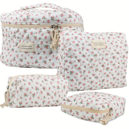 Makeup Bag Four-Piece Quilted Cotton Floral Pouch Set in Five Styles for Travel, Vanity and Everyday Beauty Storage