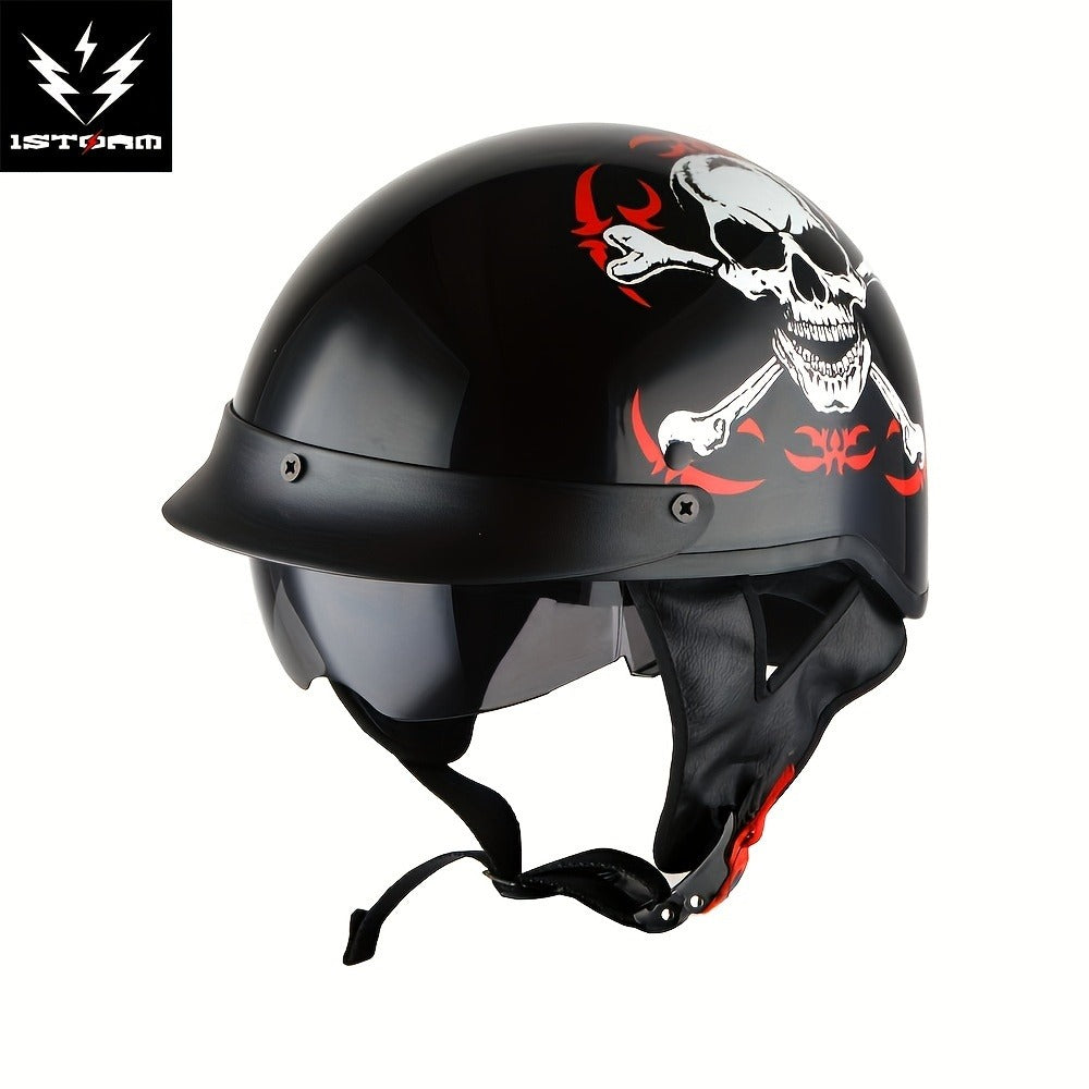 Motorcycle Helmet 1STORM Half-Shell with Retractable Smoked Visor, Five Graphic Styles, S-XL Sizes and Quick-Release Strap