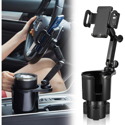 2-in-1 Car Phone Holder & Cup Holder Extender – Swivel Rotating Mount with Shock-Absorbing Trim, Universal for Cars, SUVs & Trucks, Black