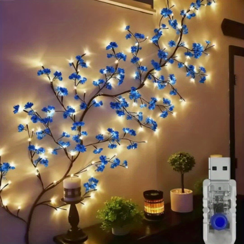 Cherry Blossom LED Fairy Lights USB Powered, 96-Light Faux Floral Garland, Dimmable & Cool White