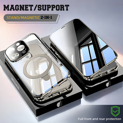 Phone Case Privacy-Panel Double-Sided Tempered Glass Cover with Snap Lock and Kickstand for iPhone 15 Models
