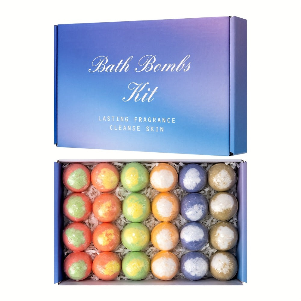 Bath Bombs, 24-Piece Essential Oil Gift Set with 20g Round Fizzers, Assorted Colors and Fragrance Styles