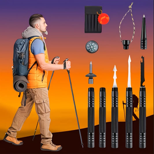 Tactical Trekking Pole Adjustable Hiking Stick | Titanium Alloy with Built-In Compass Canvas Storage Pouch & Combination Lock |