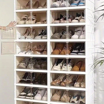 Shoe Rack Organizer 9-Tier, Collapsible Clear Plastic Foldable Stackable Shoe Cabinet with Shelves & Doors