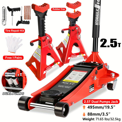 Hydraulic Floor Jack Kit 2/2.5/3 Ton Low Profile Trolley Jack with Jack Stands, Tire Repair Kit, Wheel Wrench & Wheel Chock Combo – Red/Blue