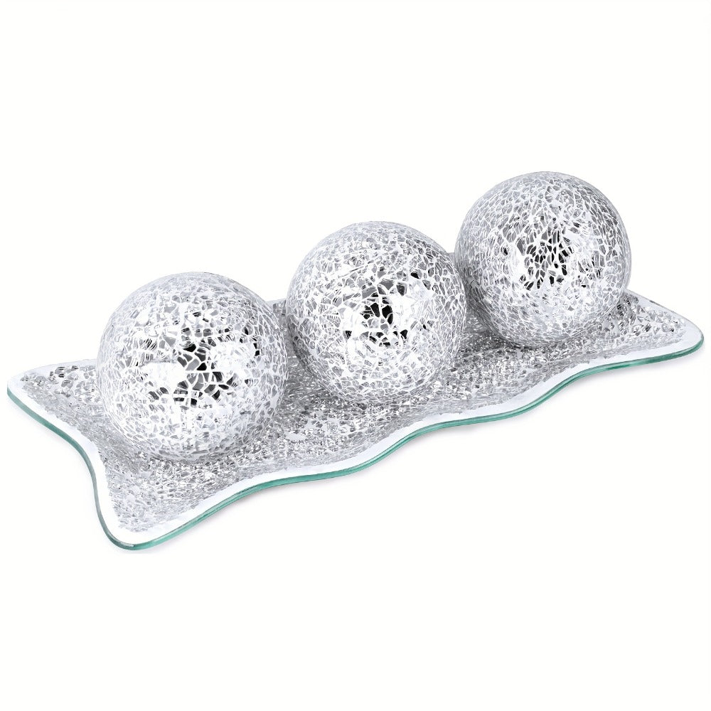 Decorative Glass Balls for Bowls 3 Inch Set of 3 with Glass Tray for Entryways, Bedrooms and Living Spaces