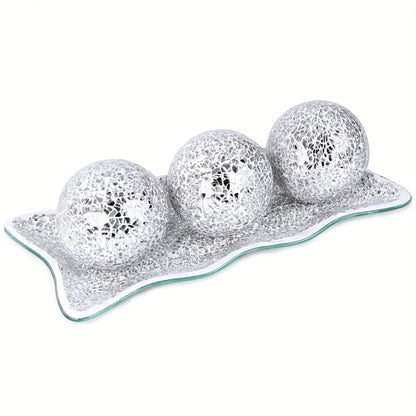 Decorative Glass Balls for Bowls 3 Inch Set of 3 with Glass Tray for Entryways, Bedrooms and Living Spaces