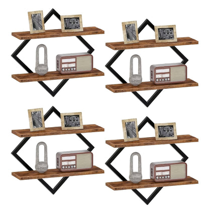 Floating Wall Shelves Double Layer Geometric Diamond Metal Wire Wood Display Stand Industrial Style for Living Room Kitchen 2 4 Pack
