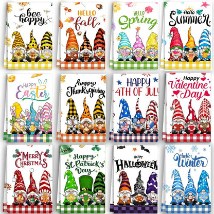 Twelve-Piece Seasonal Gnome Kitchen Towel Set, 14 x 21 Inches Each with Spring-to-Winter Prints