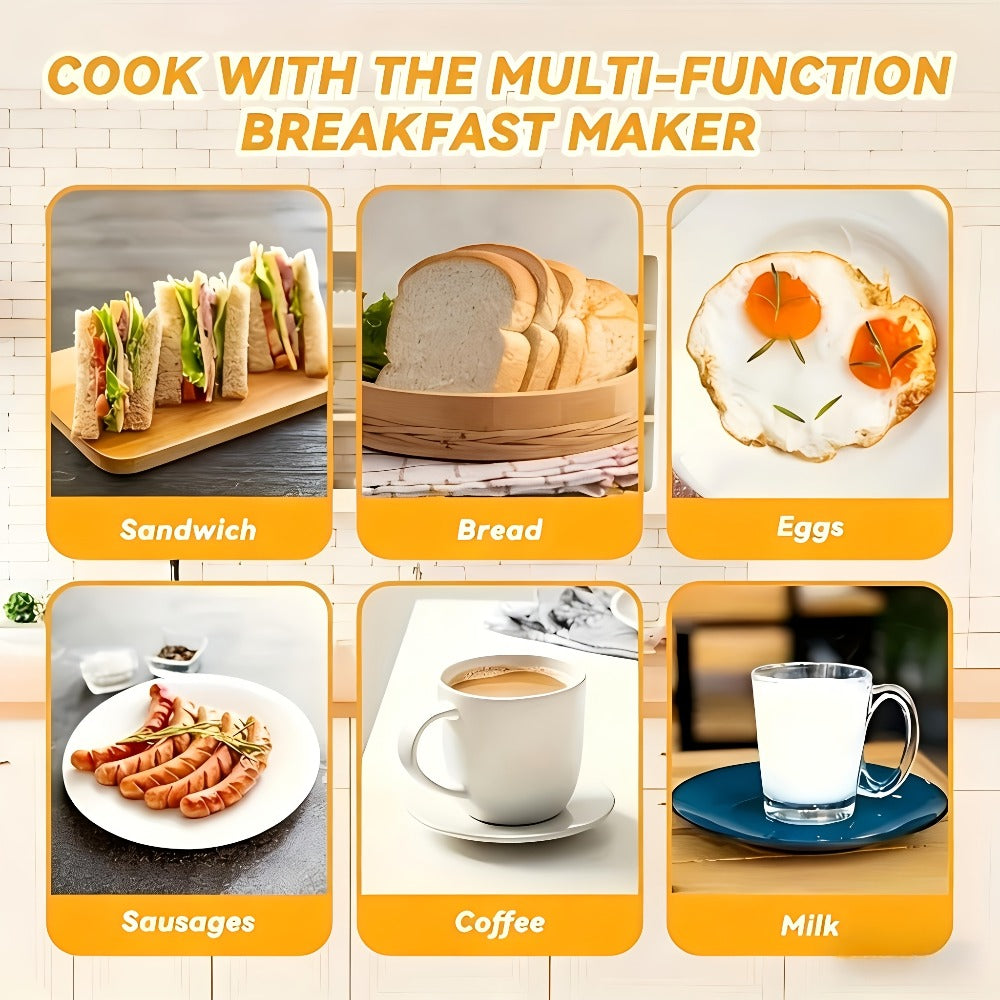3-in-1 Breakfast Maker Station, Fry Eggs, Toast Bread & Brew Coffee All at Once, Non-Stick Coating