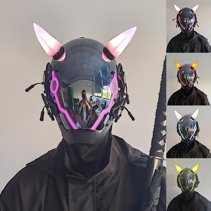 Pink LED Cyberpunk Costume Mask with Horned Full-Face Helmet, Reflective Visor and Lighted Accent Lines