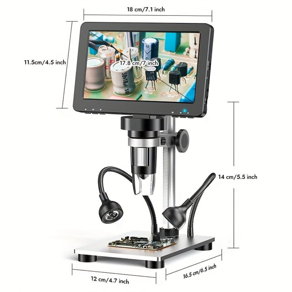 DM9 7-Inch Digital Microscope with Eight Lens LEDs, Two Side Lights and Tilting Screen for Coin and PCB Inspection